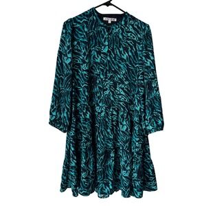 Joy Joy Teal Black Abstract Animal Print Tiered Long Sleeve Mini Dress Large